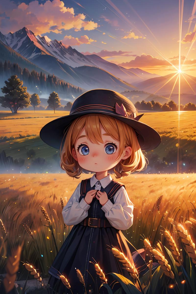 397679-4184065265-masterpiece,best quality,landscape, 1girl, hat, wheat, farm, sunset, lens flare, mountain, clouds,_lora_more_details_0.3_, _lora.png